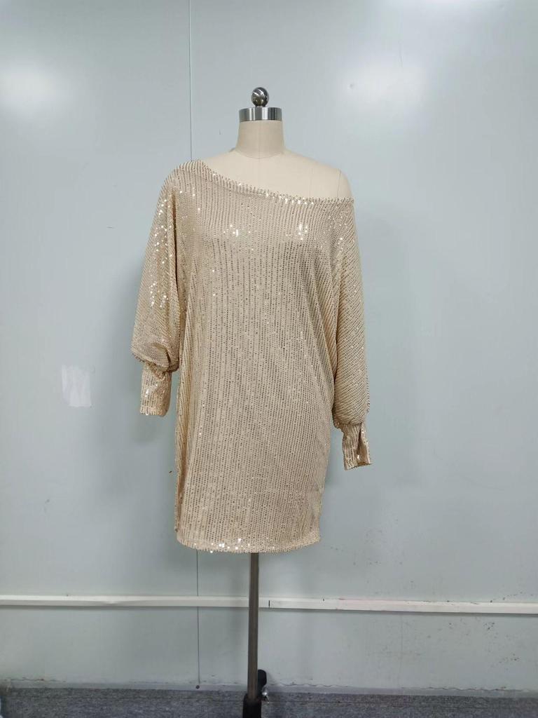 2025 Elegant midikjole med ett skulderparti og paljetter, med V-hals for kvinner