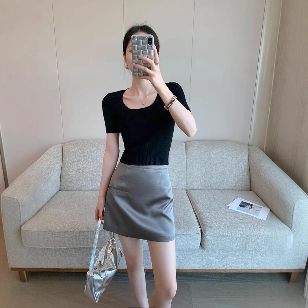 

Chic Niche Women s Summer 2024 Black U-Neck Elastic Short Sleeve Knitted Top Extra Large сірий колір