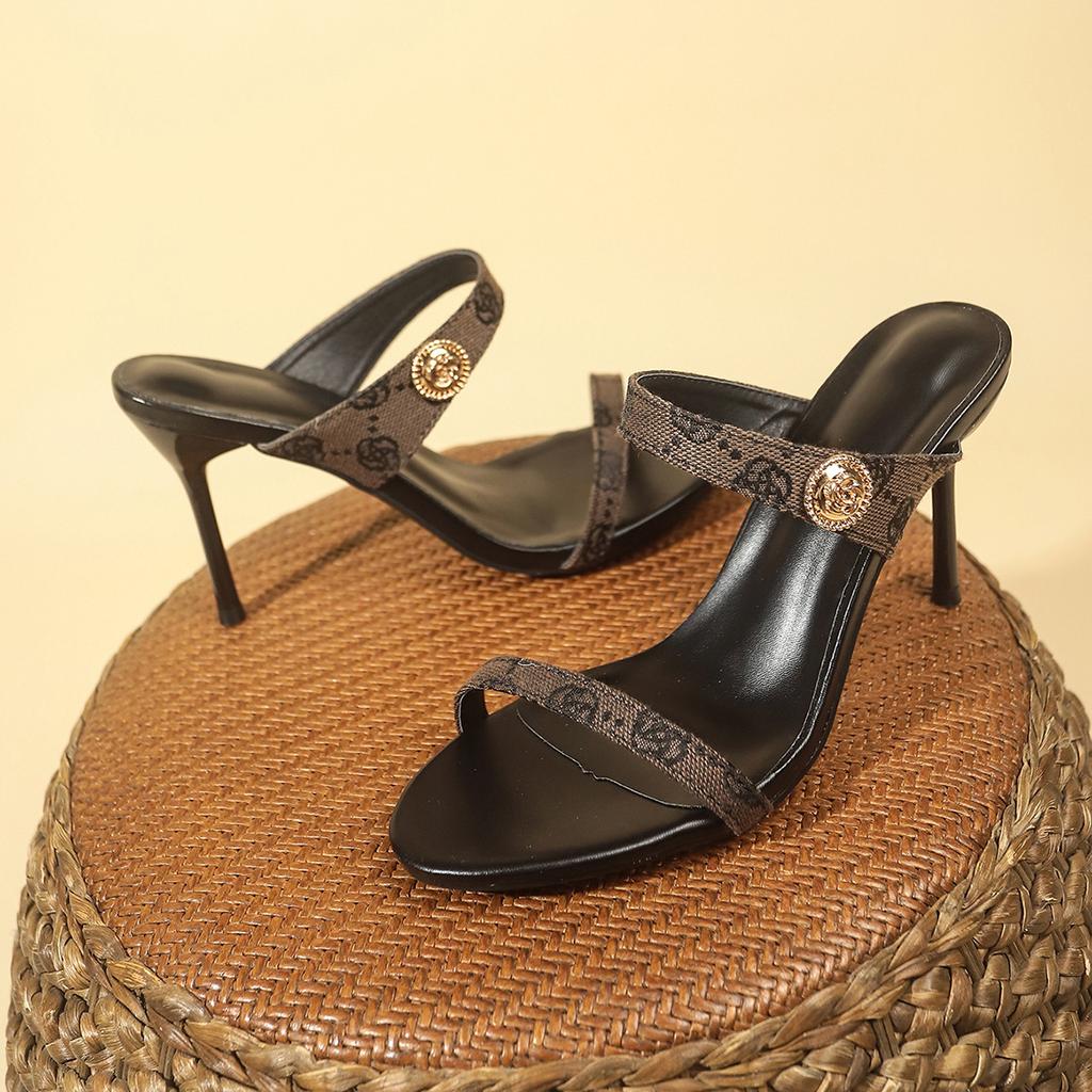 One Word with High-heeled Sandals Women's Outer Wear Summer New Temperament Imperial Sister Fine Heel Leopard Print Niche Sandals