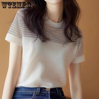 Women's Striped Short Sleeve T-shirt Summer Ice Silk Round Neck Knitted Shirt Unique and Unique Design Top