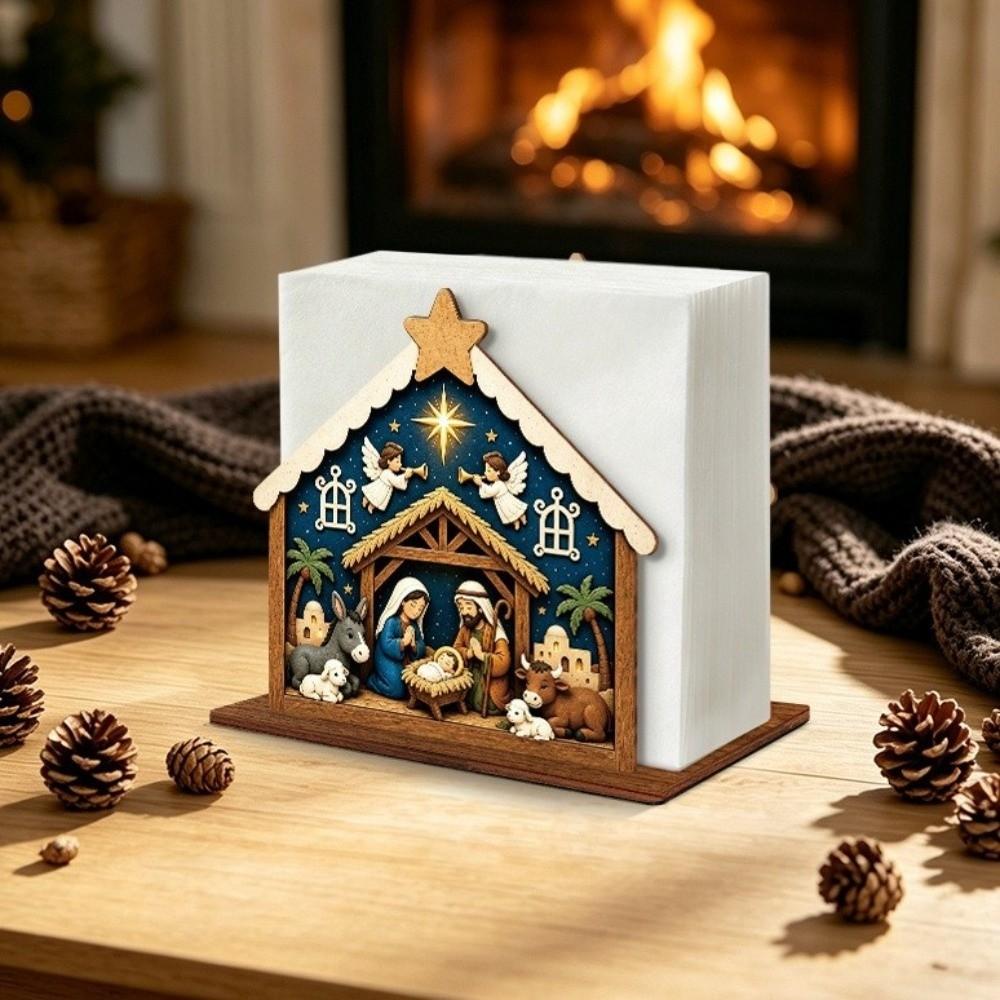 Wooden Christmas Napkin Holder Christmas Nativity Scene Pattern Tissue Organizer Bar
