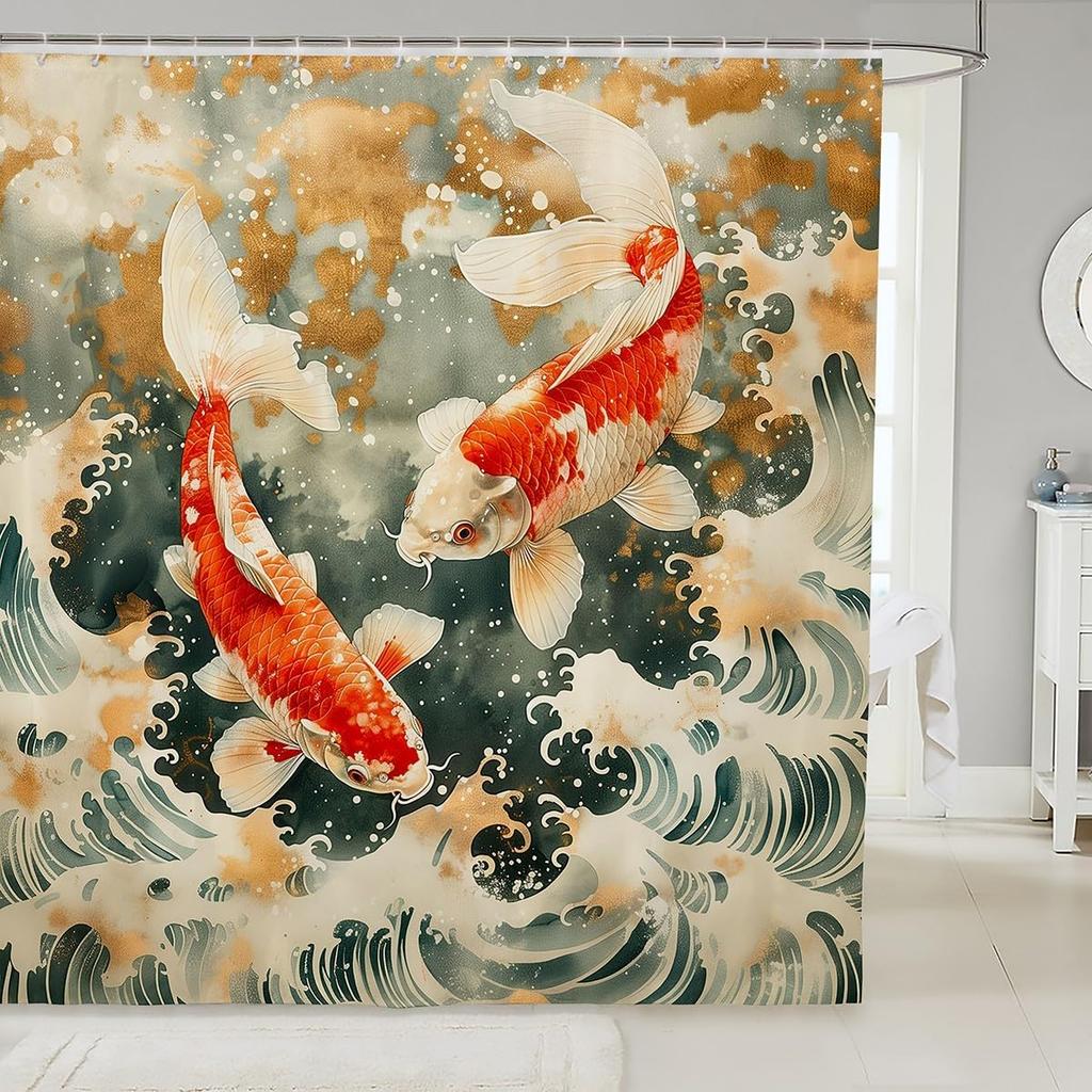 Japanese Style Shower Curtain Set,Red Sun And Crane Bathroom Decor For Kids Adults,Oriental Ukiyoe Bathroom Set Vintage