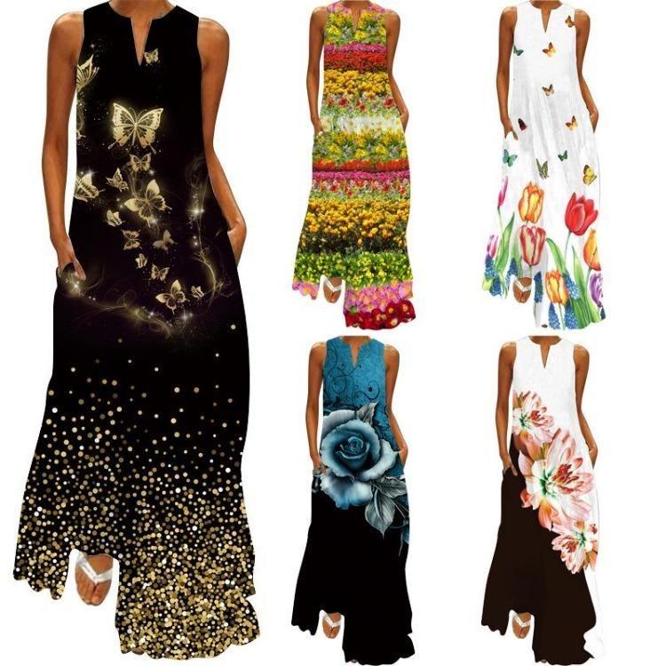 Retro Summer Fashion Multicolor V Neck Maxi Dress European American Style