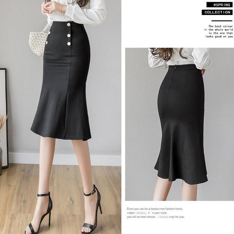 Korean Fashion Button Zipper Bag Hip Mermaid Skirt  Summer New Elegant Office Lady Commute All-match High Waist Knee Skirts