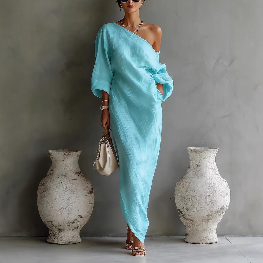 New Summer Fashion High-End Women's Long Sleeve Off-Shoulder Maxi Dress Mid-Waist Tucked-In Style