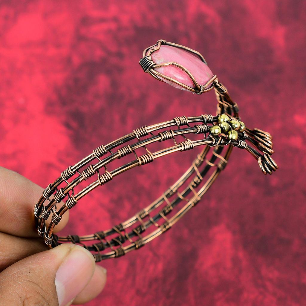 Thulite Cuff Bracelet Copper Wire Wrapped Bangle Gemstone Jewelry Adjustable Cuff Bracelet Handmade Bangle Copper Wire Jewelry Gifts For Him