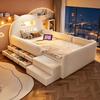 Paturi Copii Tapitate 90*200 cm, Tăblie în Formă de Urechi, Poliță, Lampă de Noptieră și Port USB, Suport Picioare Detașabil, Sertar de Depozitare, Catifea, Bej