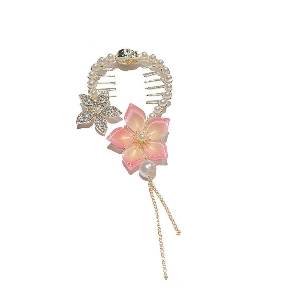 

Pearl Flower Ponytail Holder Tassel Hanfu Headwear Elegant Flower Horsetail Buckle Hair Clips рожевий