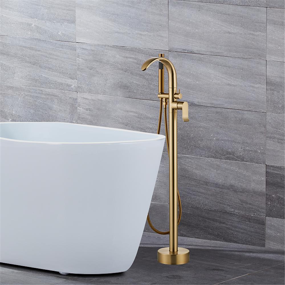 Tuqiu Brushed Gold Bathtub Faucet Set Floor Decked Brass Black Waterfall Bathtub Mixer Morden Style Gold Bathroom Taps