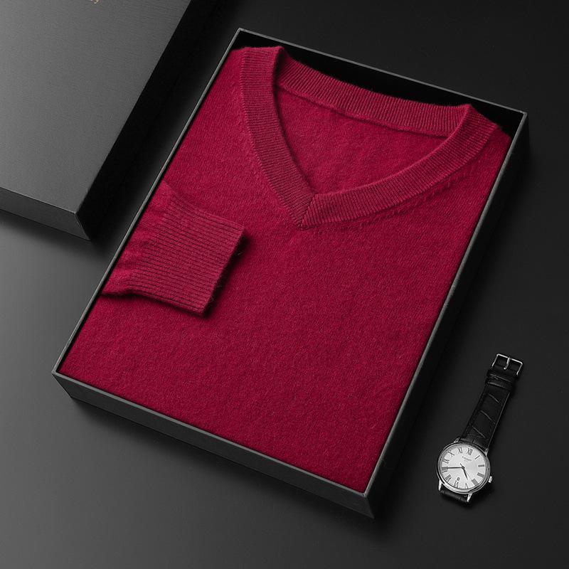 Men's V-Neck Cashmere Sweater, Plus Size, Long Sleeve, Solid Color, Wool Knit, 2023 Autumn/Winter Collection.