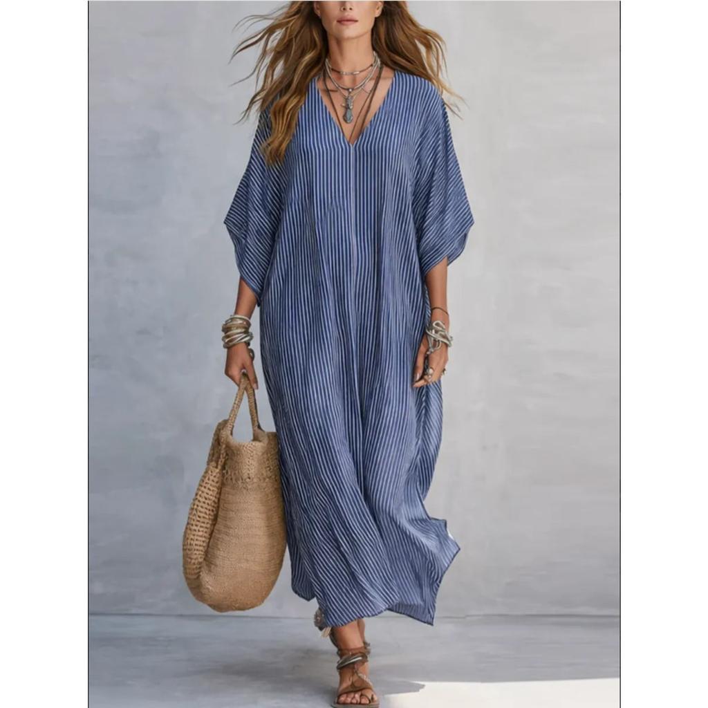 New Fashion V-neck Striped Loose Casual Long Dress for Women European American Vacation Dress