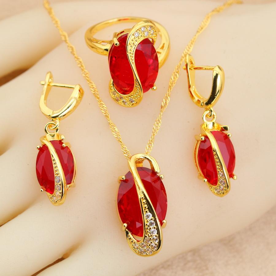 

Новые свадебные наборы украшений 2025 для женщин Красный кристалл Позолоченные 18К Серьги Ожерелье Подвеска Кольцо Свадебный подарок 8 красный