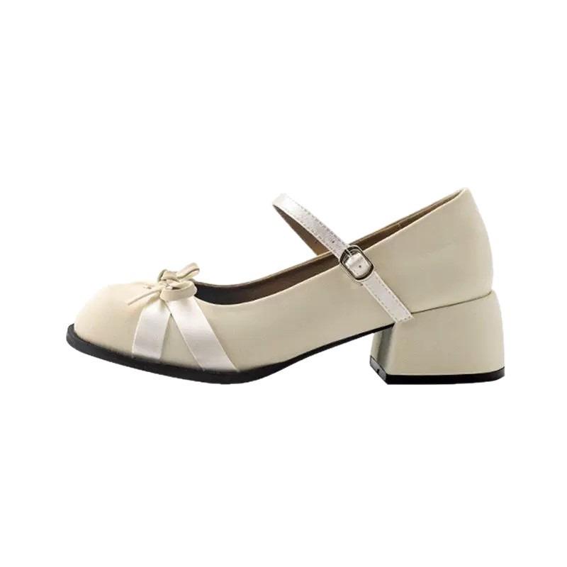 White Thick Heel Mary Jane Shoes Women's New Autumn Versatile Bow Light Mouth Single Shoes