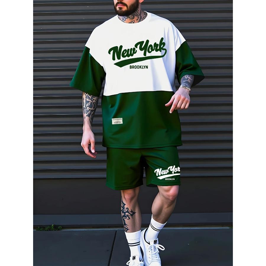 Summer 2025 new men's casual sportswear set 3D digital printed round-neck short-sleeved color block T-shirt and shorts