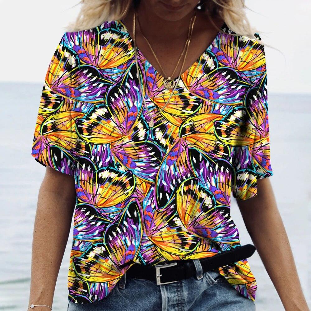 Butterfly Floral Graphic 3D Print Trička Dámské Y2k topy Trička Trička s výstřihem do V Dámské tričko Harajuku Žena Oversized Neformální oblečení