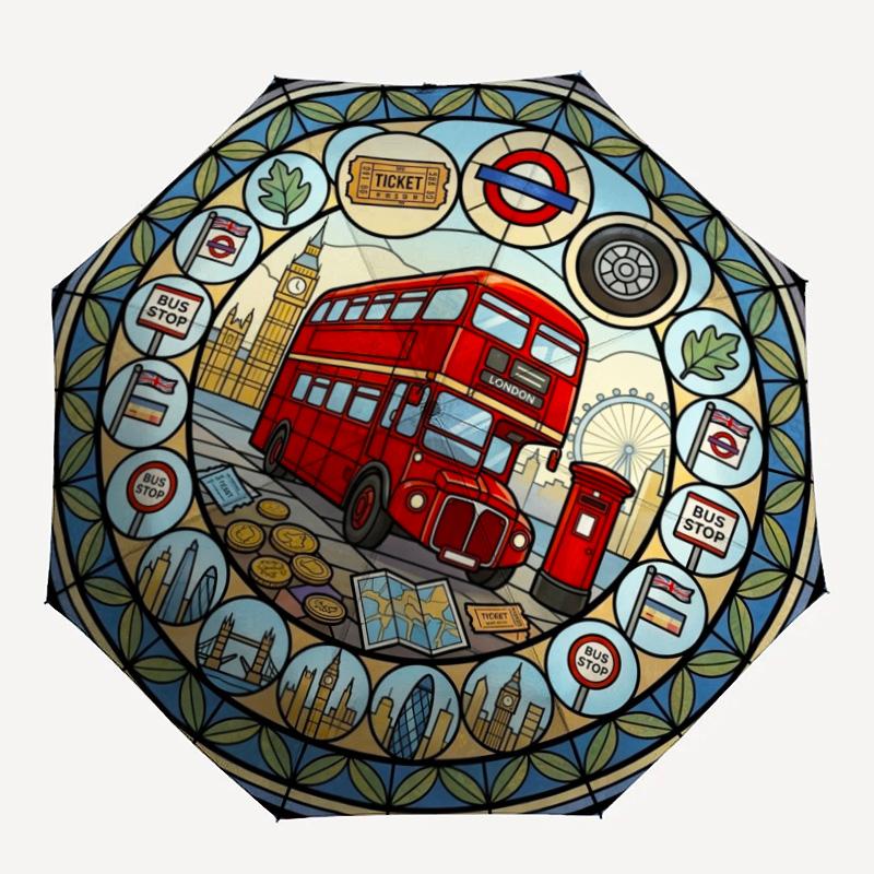 London Bus Journey pattern umbrella, portable and foldable design, 8 ribs, a casual accessory for Halloween, Christmas, and birthday gifts.