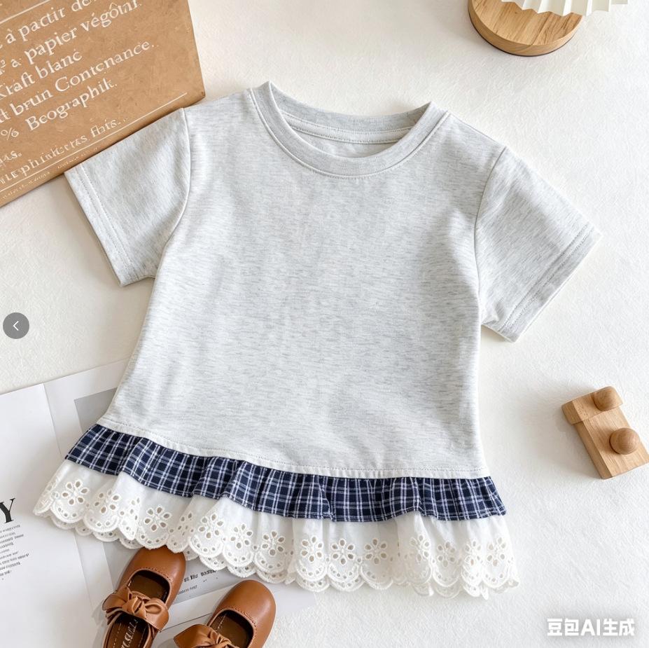Girls Summer Short Sleeve T Shirt Sweet Print Lace Trim Plaid Top