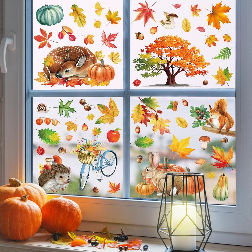 Thanksgiving Autumn Leaves & Pumpkins Window Clings - Cartoon Squirrel Decorations
