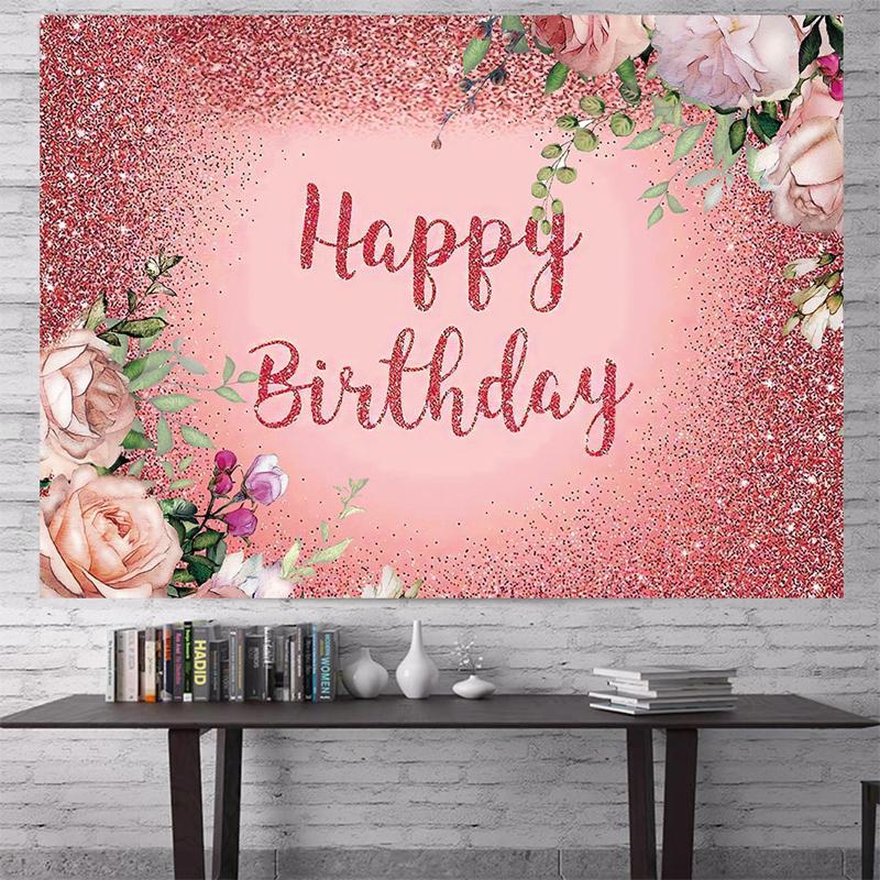 Pink Floral Happy Birthday Backdrop Background Kids Girls Vinyl Decoration 5x3ft 7x5ft 8x6ft