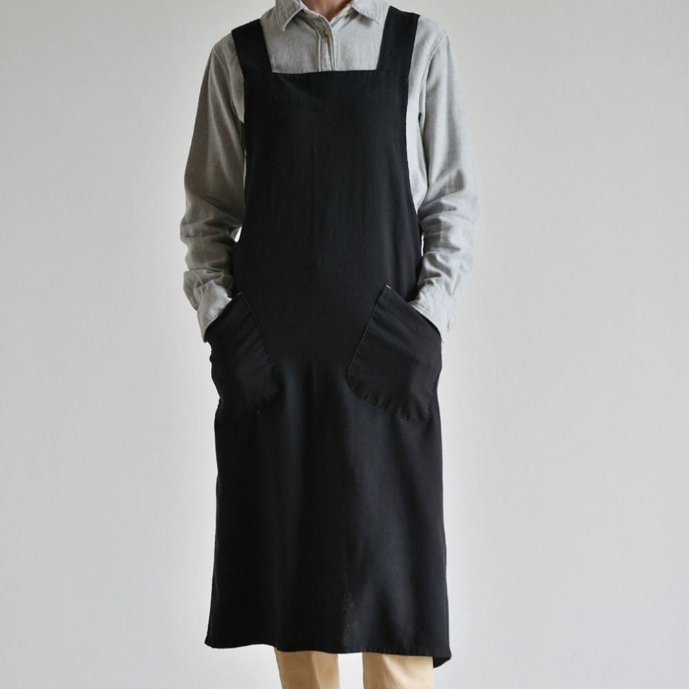 Cross Back Cotton Linen Apron with Pockets Gardening Work Apron Anti-dirty Pinafore Dress  Baking