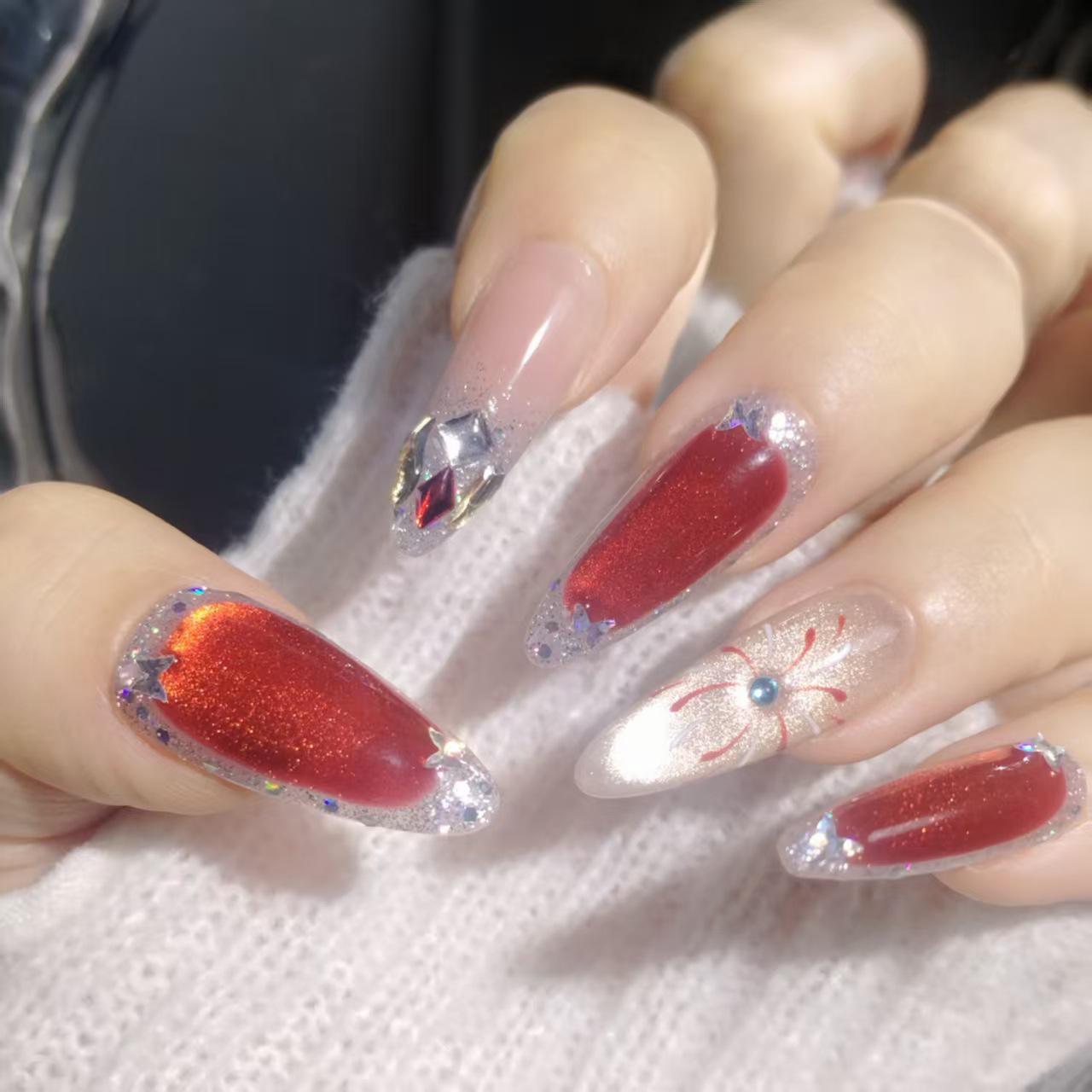 Hand-Painted Ruby Cat Eye New Year Fireworks Rhinestone Nails: Elegant, Long, and Radiant. Extra Small