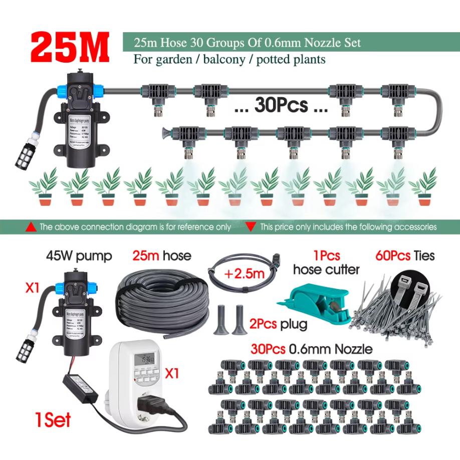 45W Pump Garden Irrigation Kit 0.6mm Misting Cooling System Self-priming 110-240V Power Supply Fine Atomization Sprayer Fittings