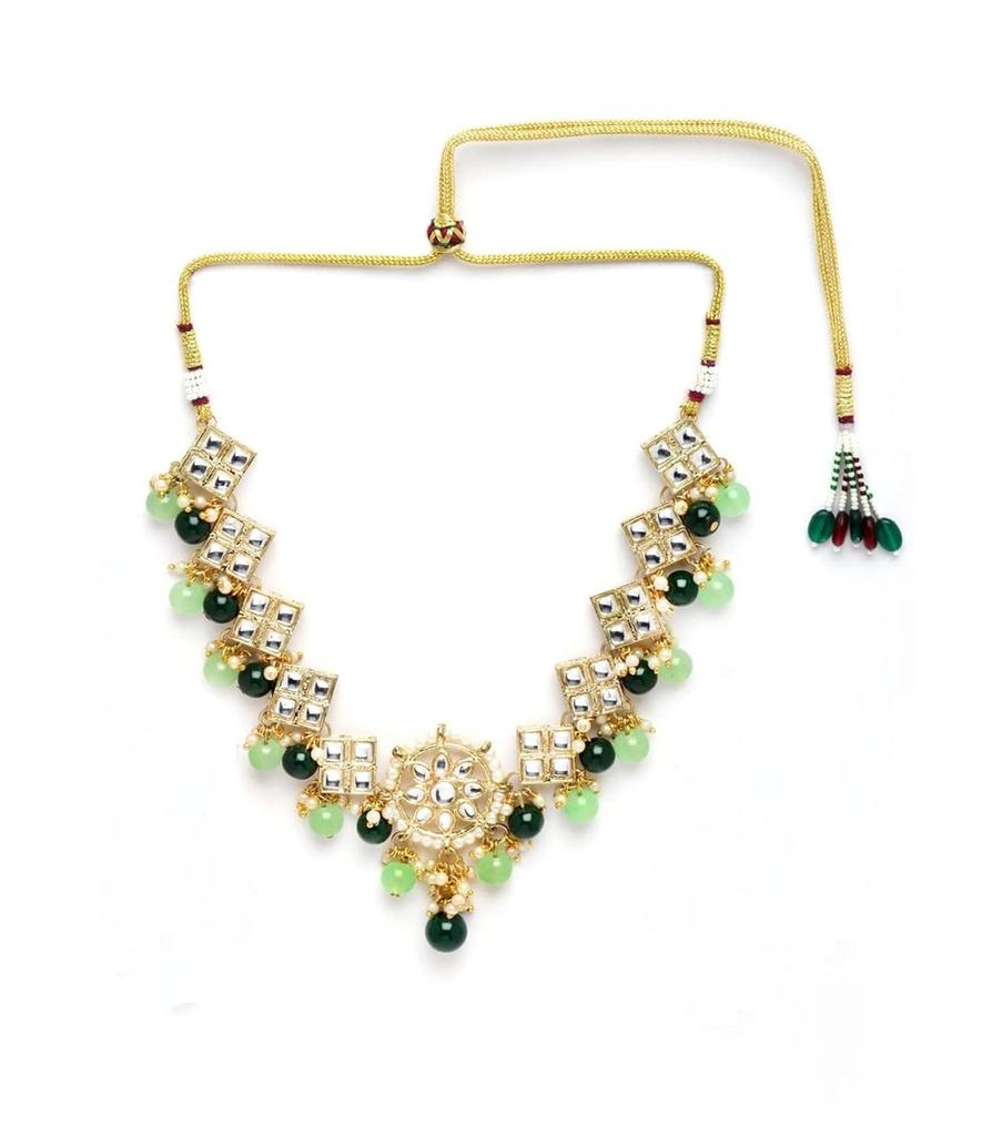 Women Gold Plated Square Shape Womens Green Beads Choker Necklace Set