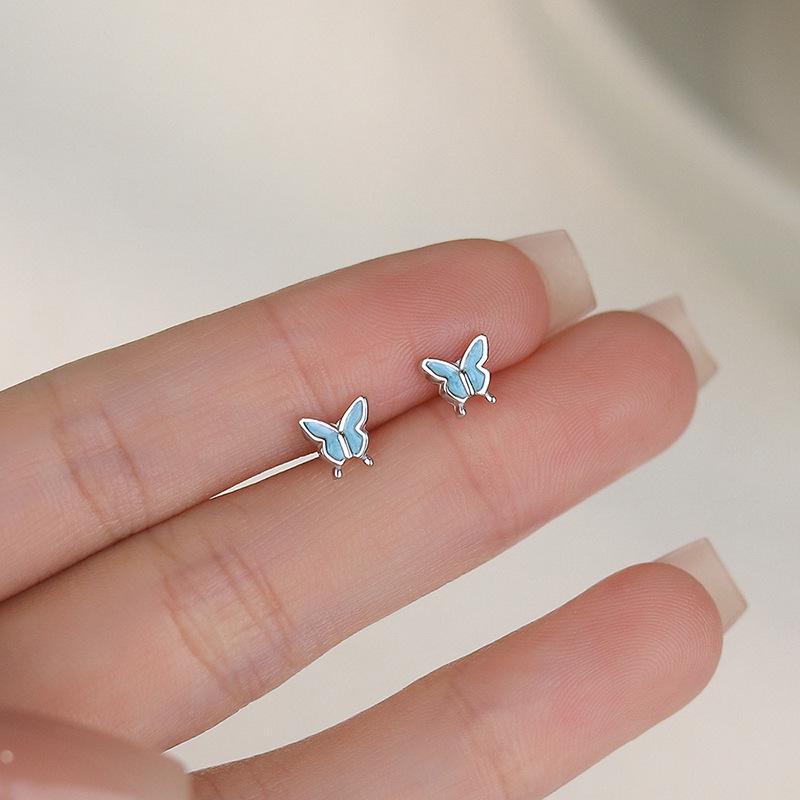 Exquisite Blue Butterfly Stud Earrings for Women - Simple, Fresh, Cute, Small. Perfect for Daily Commute or Student Wear. Trendy Design.