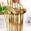 Jankng Gold 24Pcs Western Dinnerware Conjunto de talheres de aço inoxidável Faca Garfo Colher de café Conjunto de talheres com suporte de armazenamento de luxo