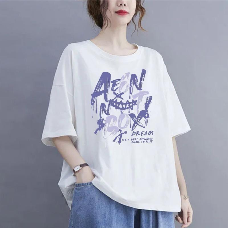 Women Casual Korean Printing O-neck Oversized Top Tee Summer All-match Letter Loose Cotton T-Shirt Women Clothing Pullover Tops