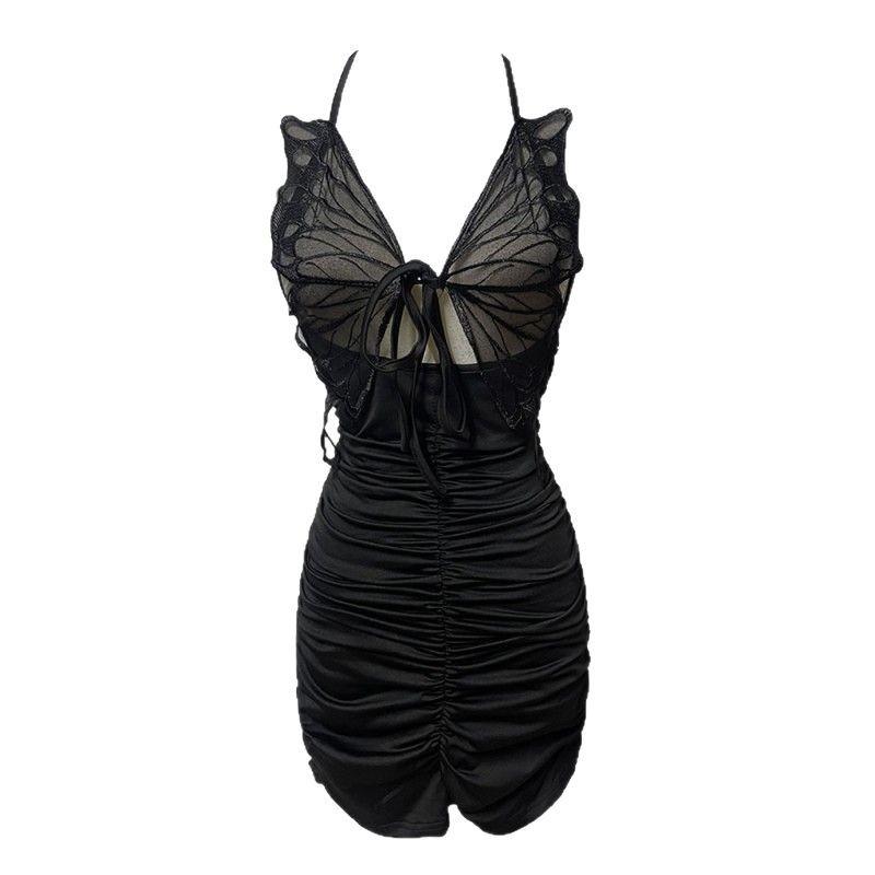 Sexy Lingerie Butterfly Tie Halter Neck Nightdress Summer Pure Desire Women Pleated Pajamas