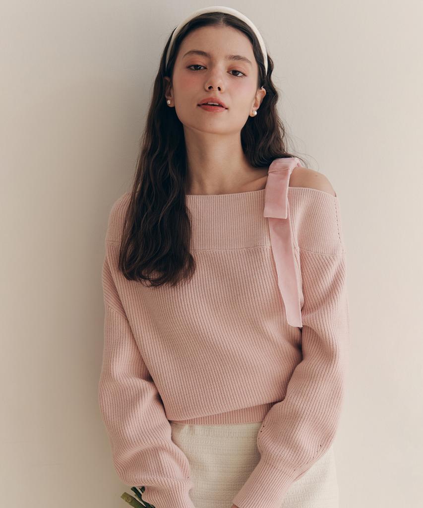 ZEROSTREET [4 Colors] Ribbon Asymmetrical Off-Shoulder Sweater