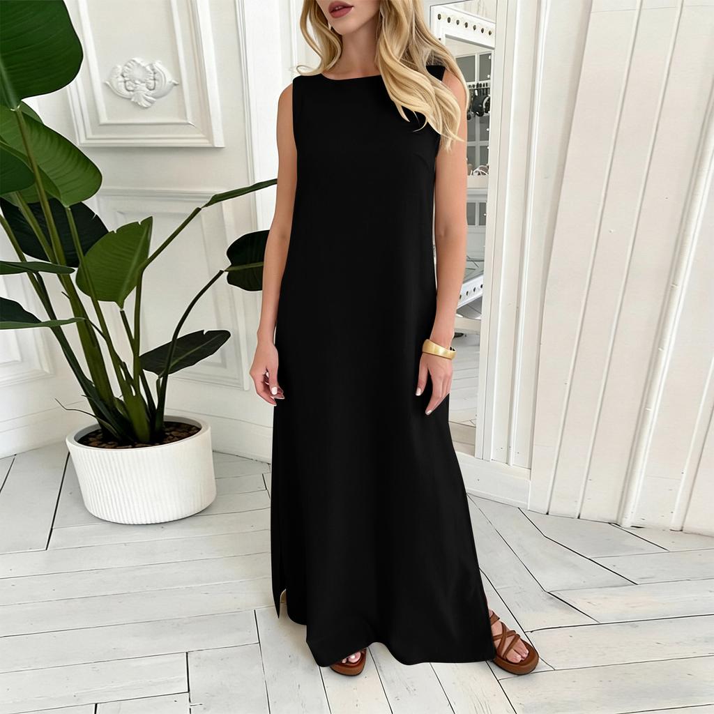 Women's Fashion Round Neck Sleeveless Colour Casual Resort Maxi Dress With Split Hem In Cotton,Linen Blend