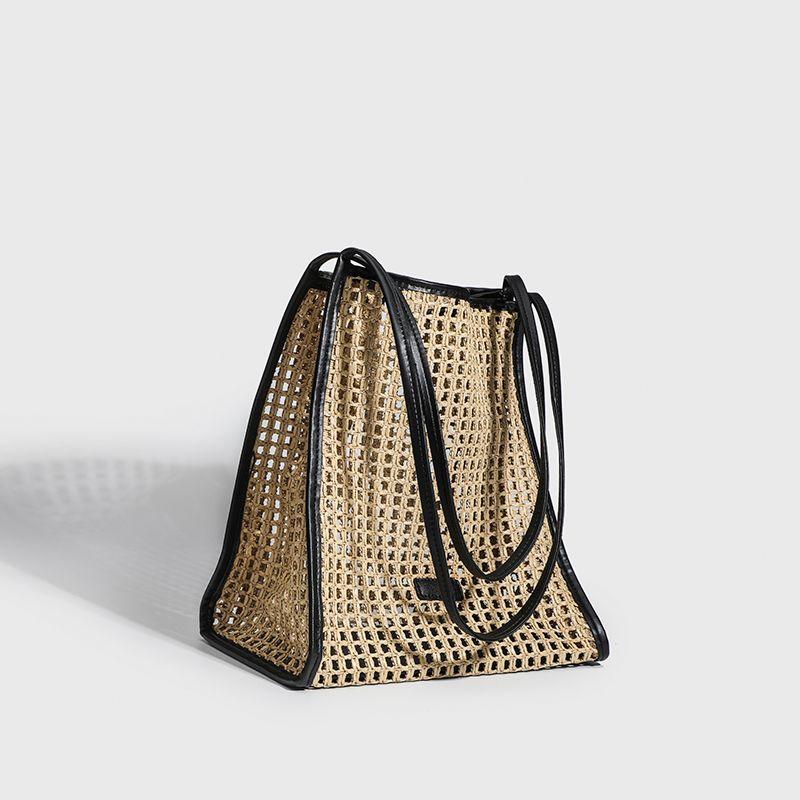 

Raffia Woven Tote Bag Summer Seaside Vacation Straw Woven Casual Shoulder Bag Large Capacity Cut Out Underarm Bag Black canvas interior bag