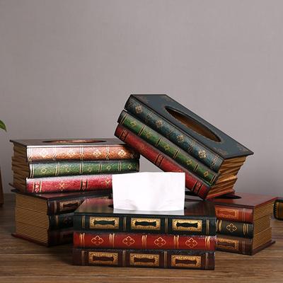 Caja de pañuelos de papel con forma de libro de simulación retro europea, caja de almacenamiento de papel creativa de madera, decoración de mesa de cocina, restaurante y sala de estar