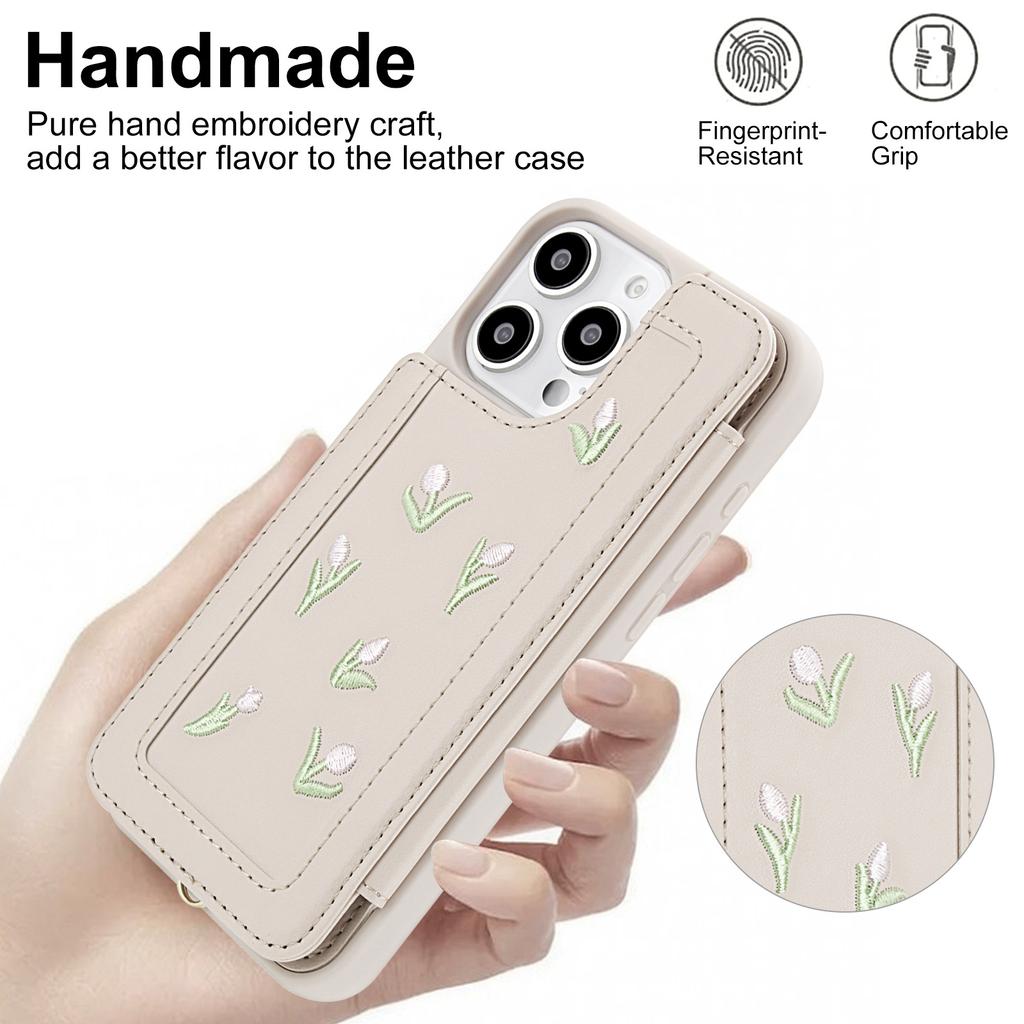 For iPhone 16 Pro Max Case Embroidered Tulips PU Leather Card Holder Back Cover with Shoulder Strap/Wrist Strap