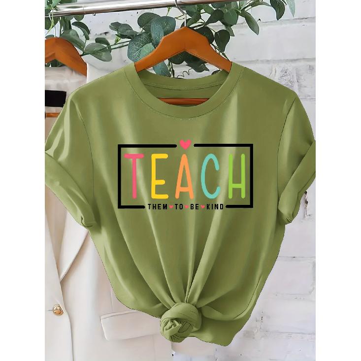 “TEACH them to be kind” Colorful and cute teacher print T Shirt Elegant vintage women's clothing, a gift for the back-to-school season Beautiful