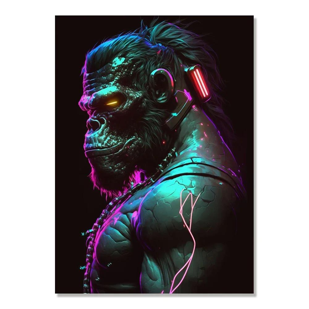 Cyberpunk Style Future Fantasy Lion Monkey Agent Animal Poster Wall Art Canvas Painting for Living Room Home Decoration