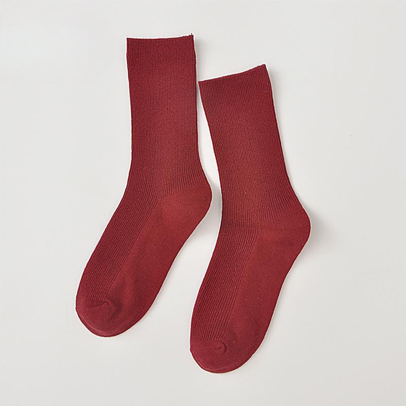

Женские весенне-осенние винтажные однотонные хлопковые носки-гольфы в вертикальную полоску 1 pair бордовый