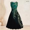 Women Plus Size Two Piece Set Black Gold Geometric Printed Sleeveless Round Neck Tie Waist Flared Dress Three Quarter Sleeve Open Front Cardigan