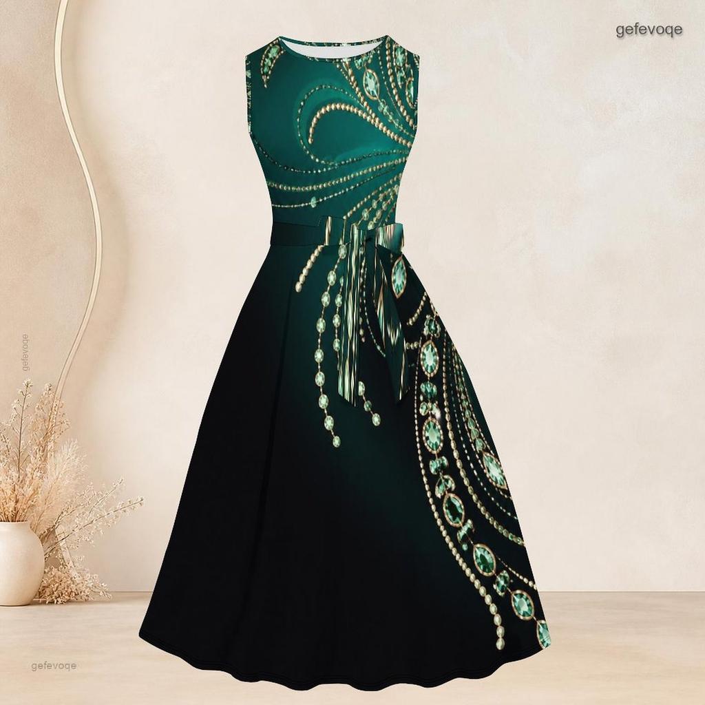 Women Plus Size Two Piece Set Black Gold Geometric Printed Sleeveless Round Neck Tie Waist Flared Dress Three Quarter Sleeve Open Front Cardigan