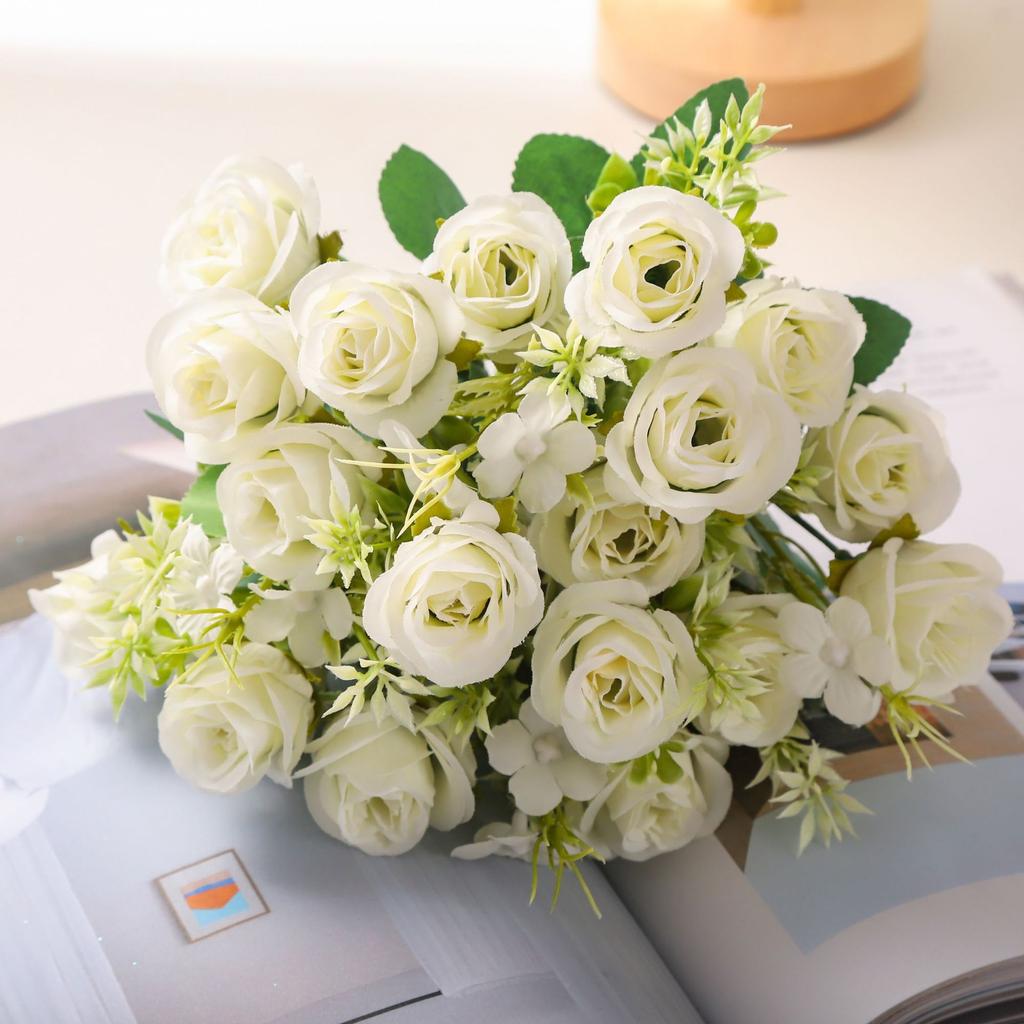 Pink Artificial Rose Bouquet with Greenery, Fake Silk Flowers for Home Wedding Decor