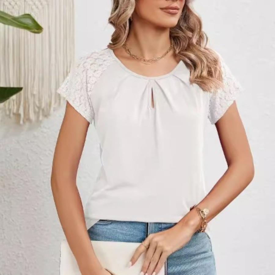 Spring Summer Solid Color Round Neck Lace Patchwork Short Sleeved T-shirt Top for Women Shirt