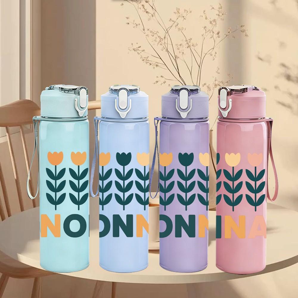 1PC Nonna Leaf Letter Art Frame 750ml Color Plastic Sports Water Bottle Leakproof Flip Straw Lid Suitable for Sports Office Home Use