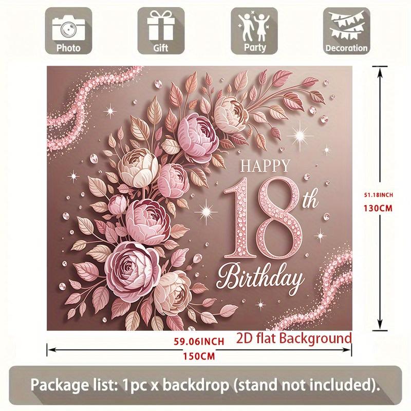 1pc Birthday 18th Glitter Floral Hanging Banner Pink Golden Golden Polyester