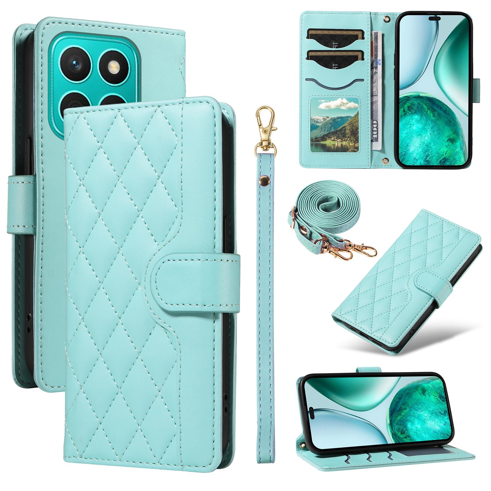 

For Honor X8c 4G Wallet Case Rhombus Leather Phone Cover with Strap Green