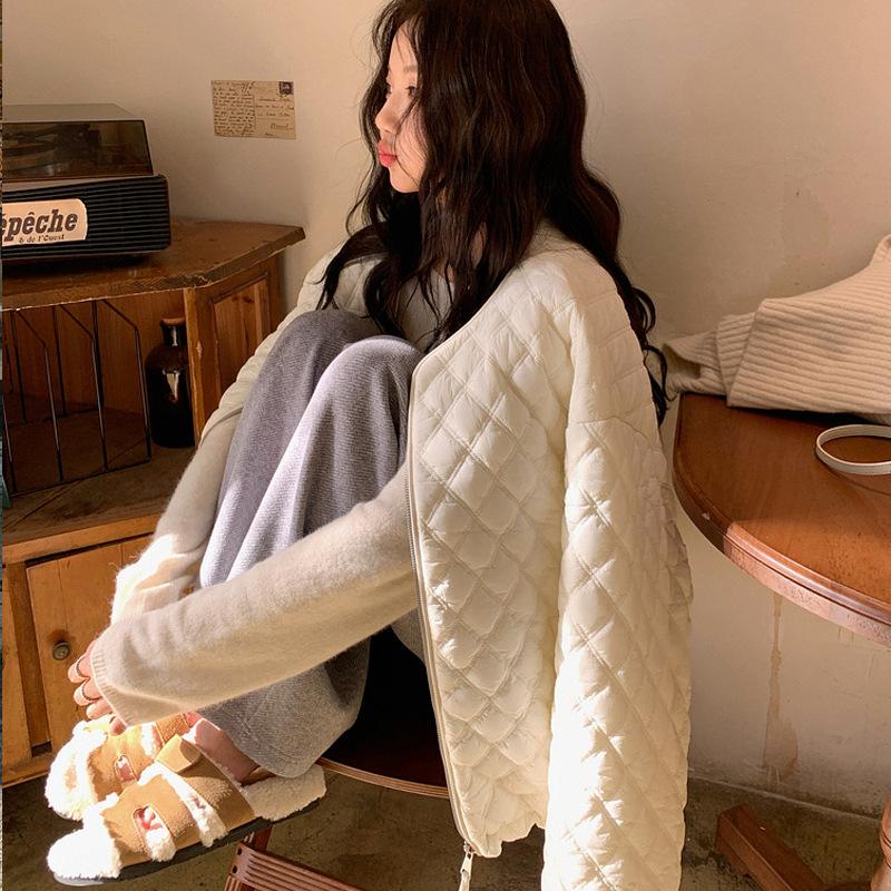 

Blue zipper rhombus warm cotton jacket women s winter new loose cotton padded bread clothes cardigan top S