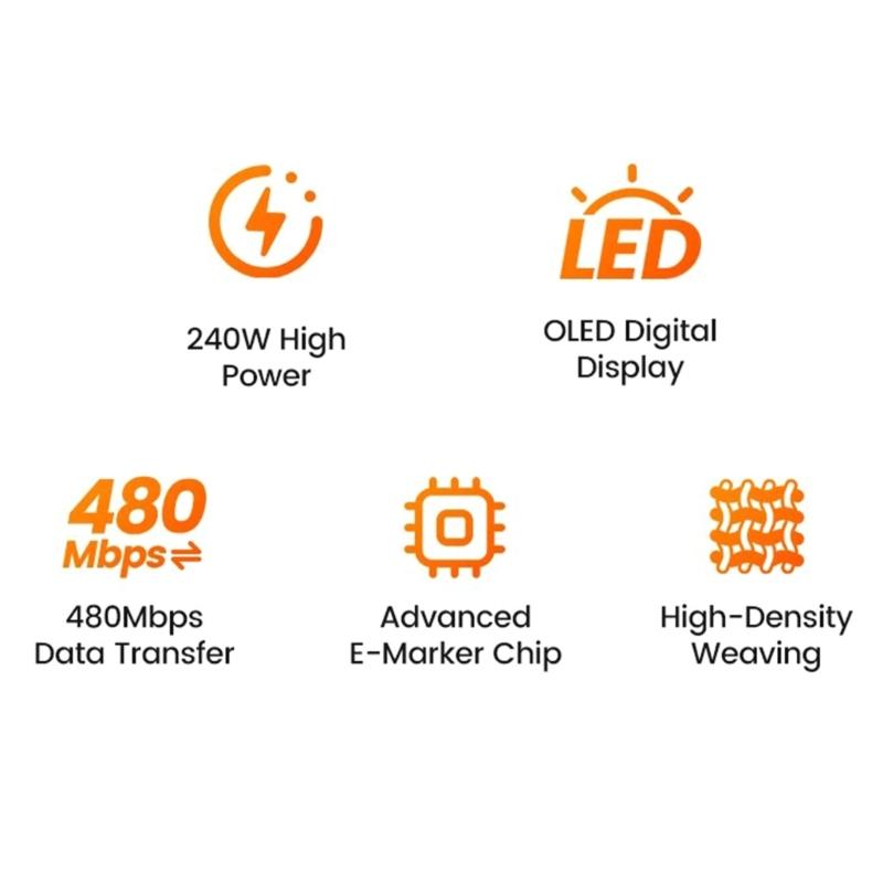 240W USB C Cable Fast Speed Data Transfer LED Display and PD3.1 Power Delivery Capability for Multiple Electronics