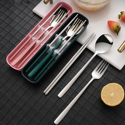 Set di posate, forchette, bacchette, cucchiai, 3 in 1, in acciaio inox, con scatola, set di posate da viaggio e da campeggio