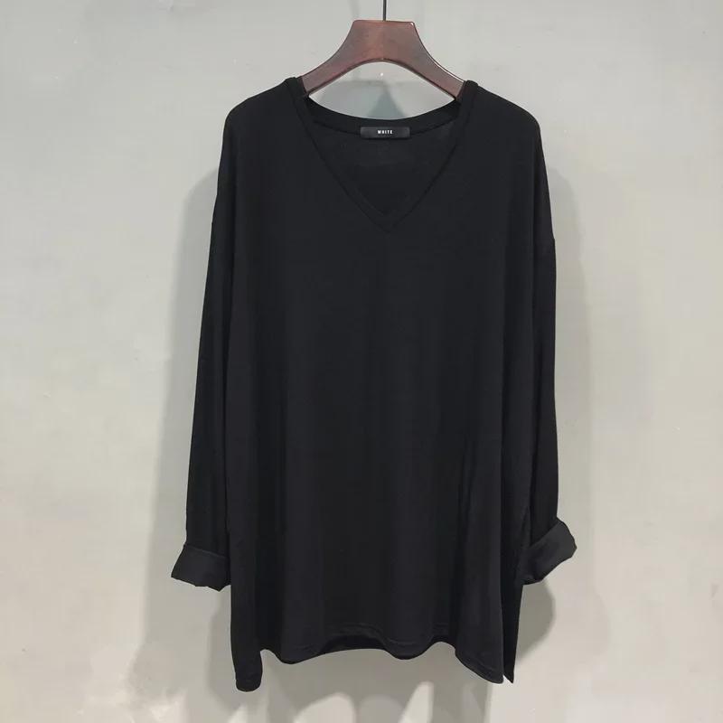 2025 Trendy European Women's V-Neck XL Long-Sleeve T-Shirt, Spring/Autumn, Loose Fit, Belly-Covering, Up To 300 Lbs